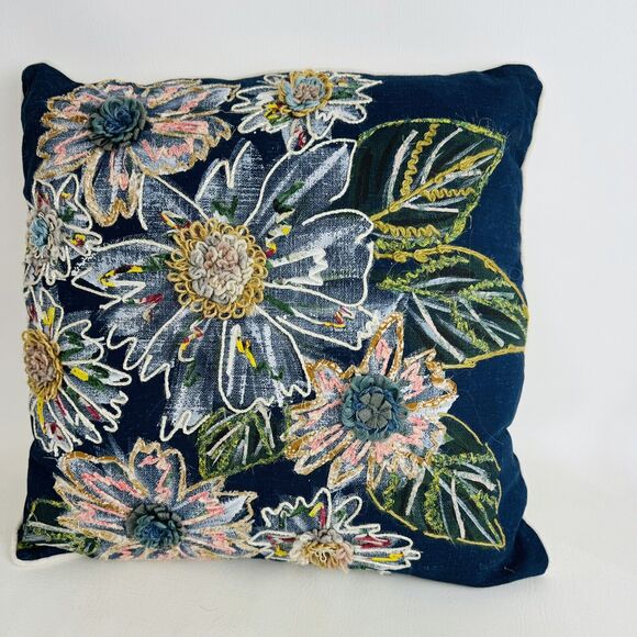 Pier 1 Imports Embroidered Floral Throw Pillow Boho Removable Cover Blue Decor - Picture 4 of 8